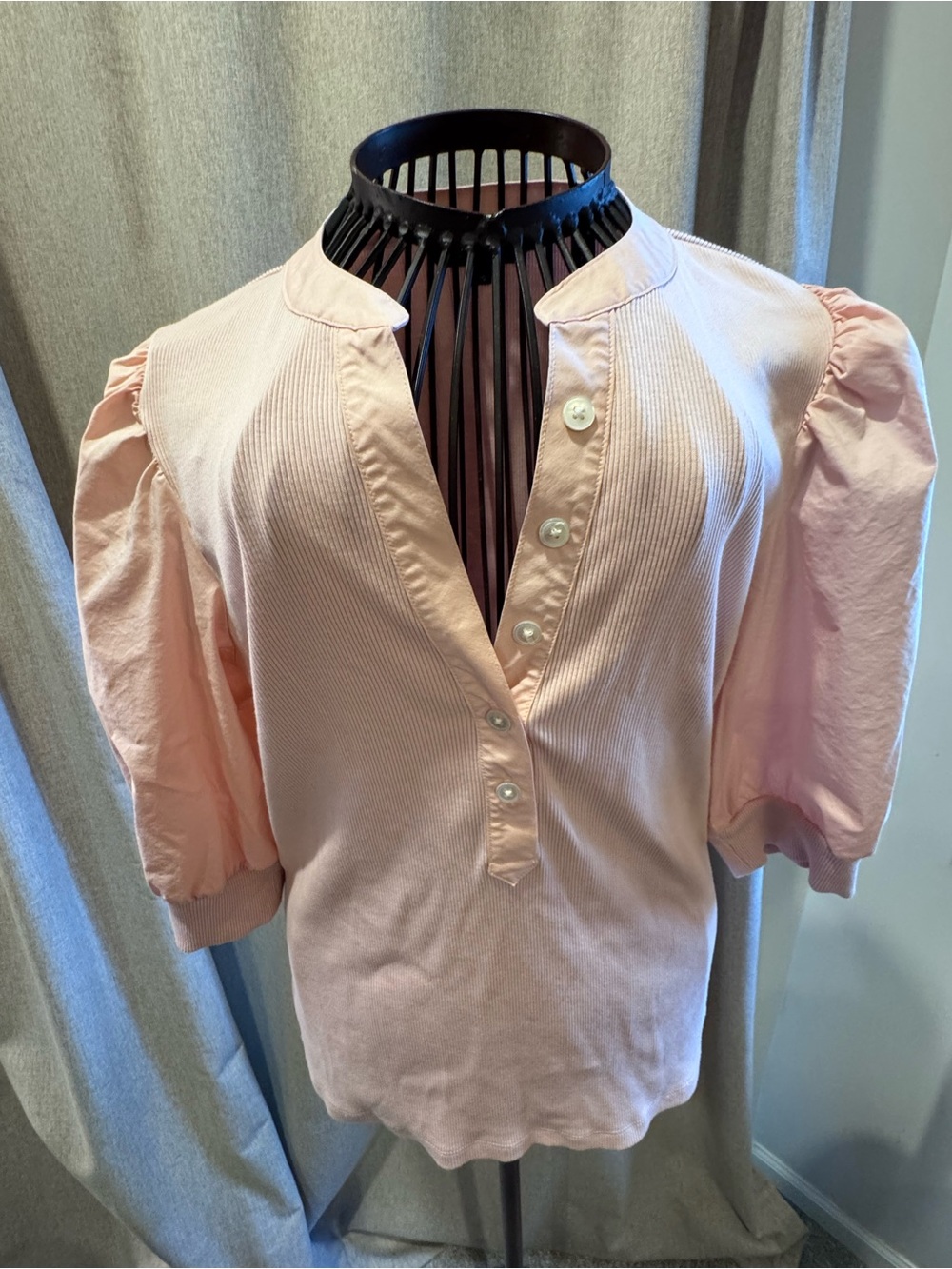 Veronica Beard - Coralee Mixed Media Puff Sleeve Henley - Pink Clay - Large L